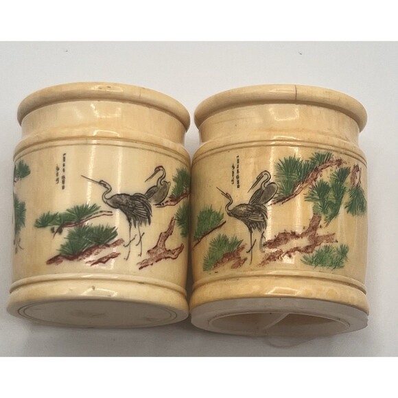 Roundtree & Yorke Other - Rare 1930s Celluloid Salt & Pepper Shakers Handpainted Asian Crane Tree Motif